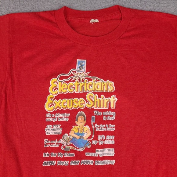 Vintage 1982 Electricians Excuse T-Shirt Mens Medium Red Single Stitch USA Made - Picture 3 of 16